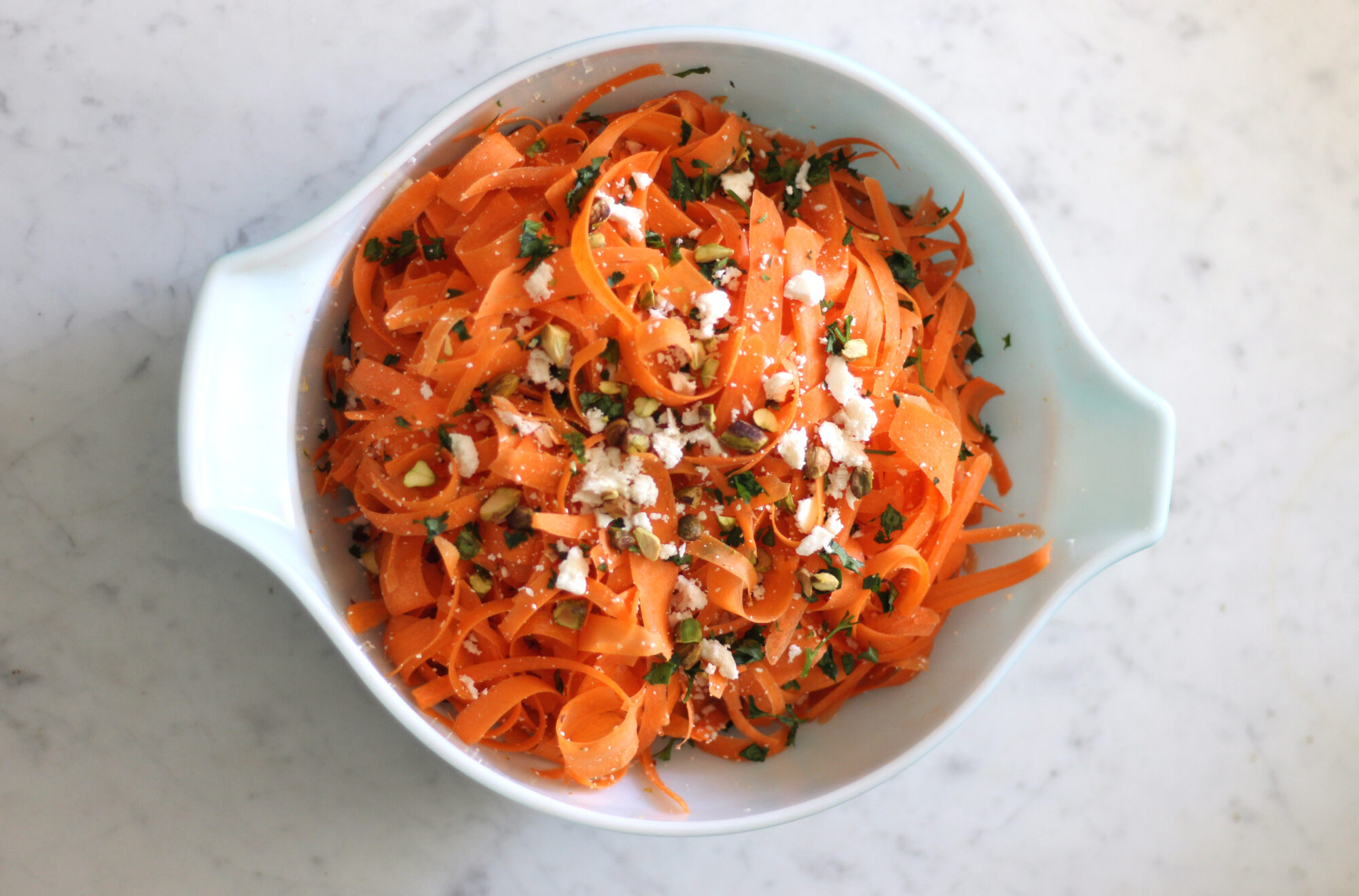 Carrot Salad with Queso Fresco, Pistachios, & Shallot Dressing