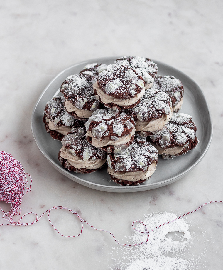 Crinkle Cookie Sandwiches with Chocolate, Coffee, Hazelnuts, and Mascarpone.
