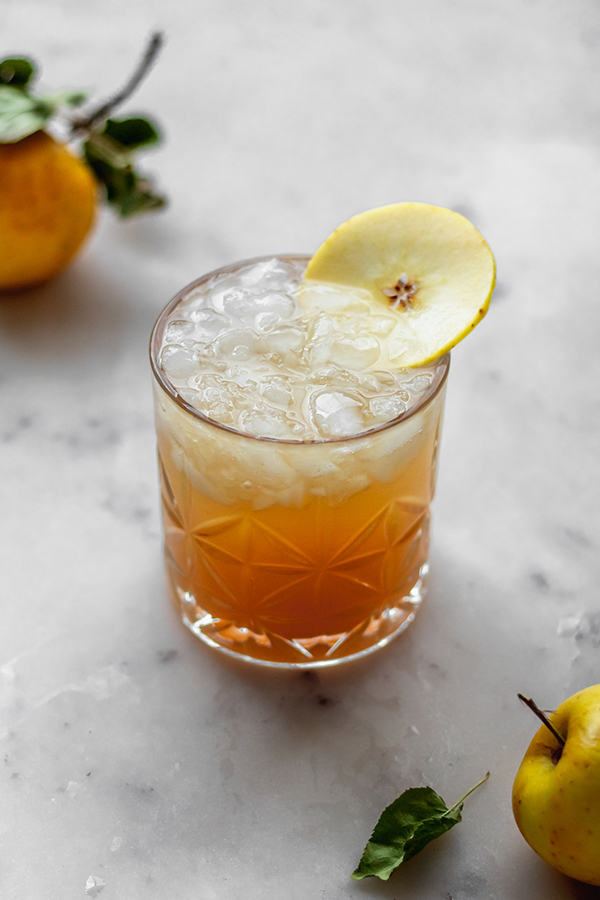 Apple Cider Bourbon Cocktail with Ginger Beer, Lime, and Bitters.