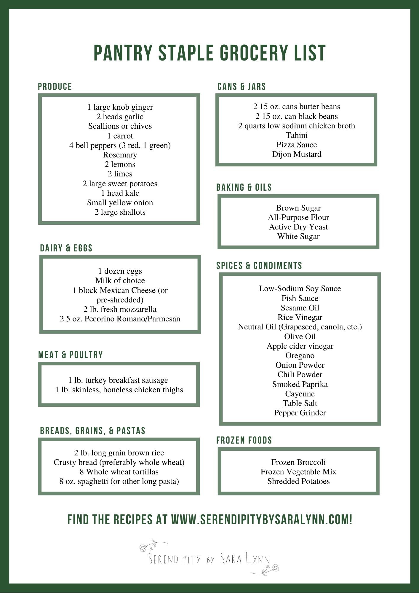 A white grocery list with pantry staple ingredients in dark green font.
