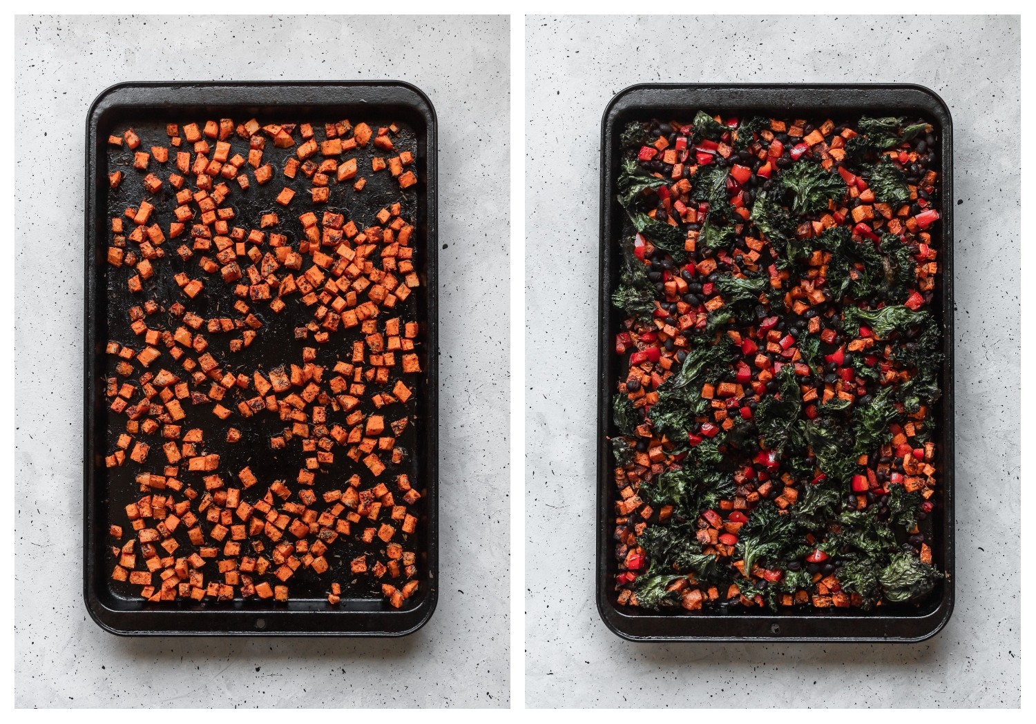 Two bird's eye shots of a sheet pan placed on a grey table. On the first pan, there is roasted sweet potatoes. On the second pan, there is roasted sweet potatoes, peppers, and kale.