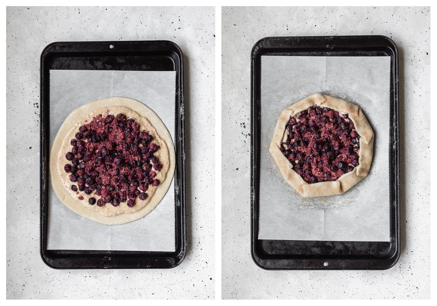 Two overhead shots of a blueberry galette on a sheet pan on a grey table. On the left, the galette is unfolded, on the right, the galette is folded.