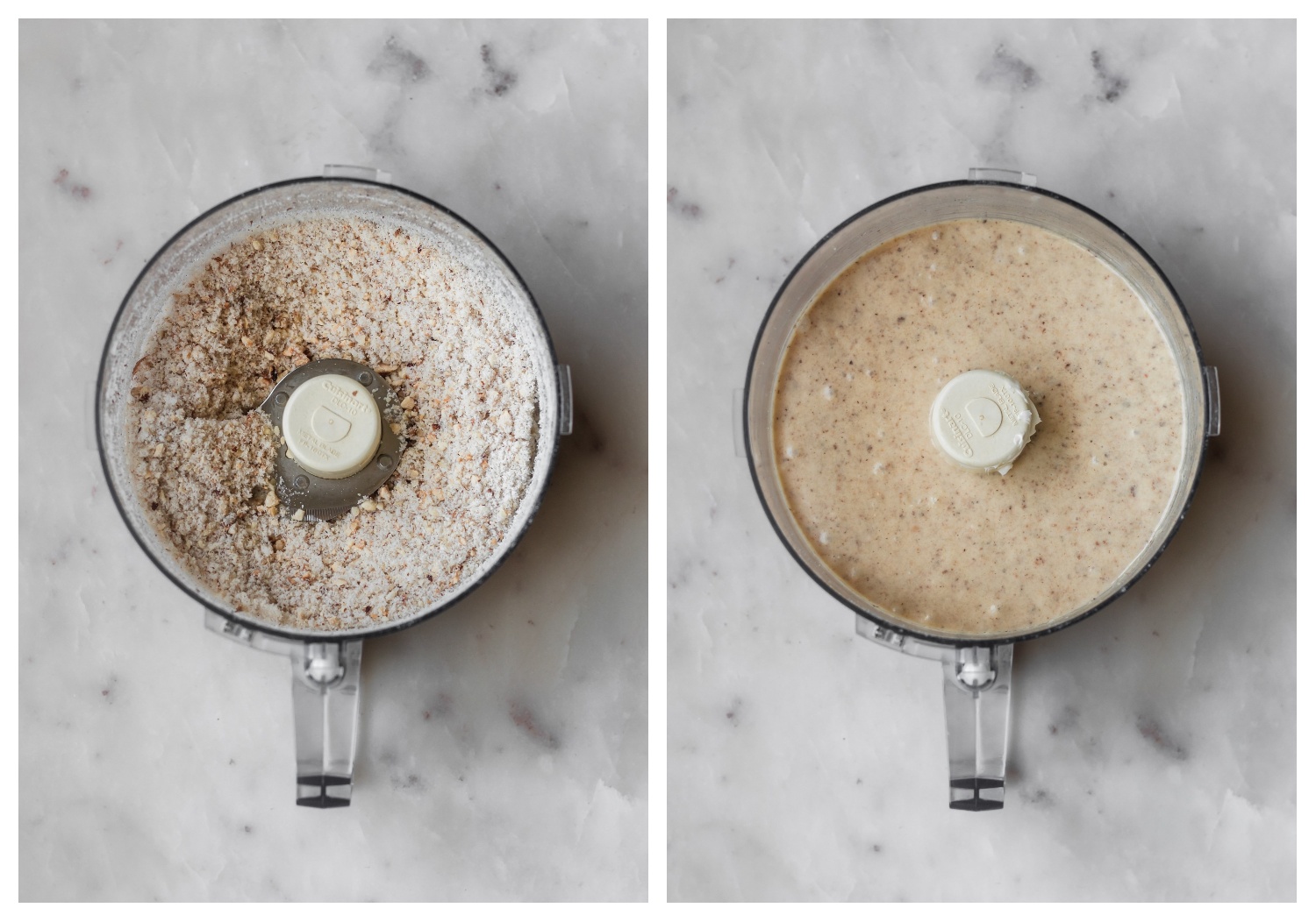 Two overhead shots of a food processor on a marble counter. On the left, the food processor has hazelnuts ground with sugar. On the right, we have hazelnut frangipane in the food processor.