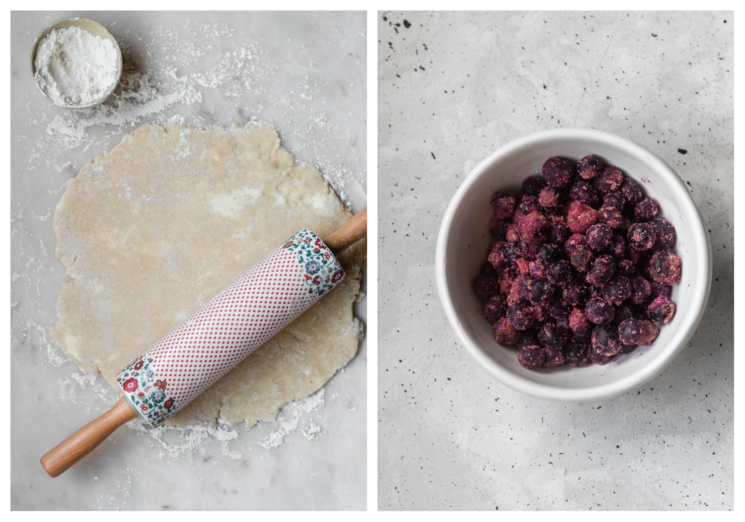 Two overhead shots; on the left, rolled out pie dough on a marble board next to a ceramic rolling pin and small bowl of flour. On the right, a white bowl filled with blueberries on a grey table.