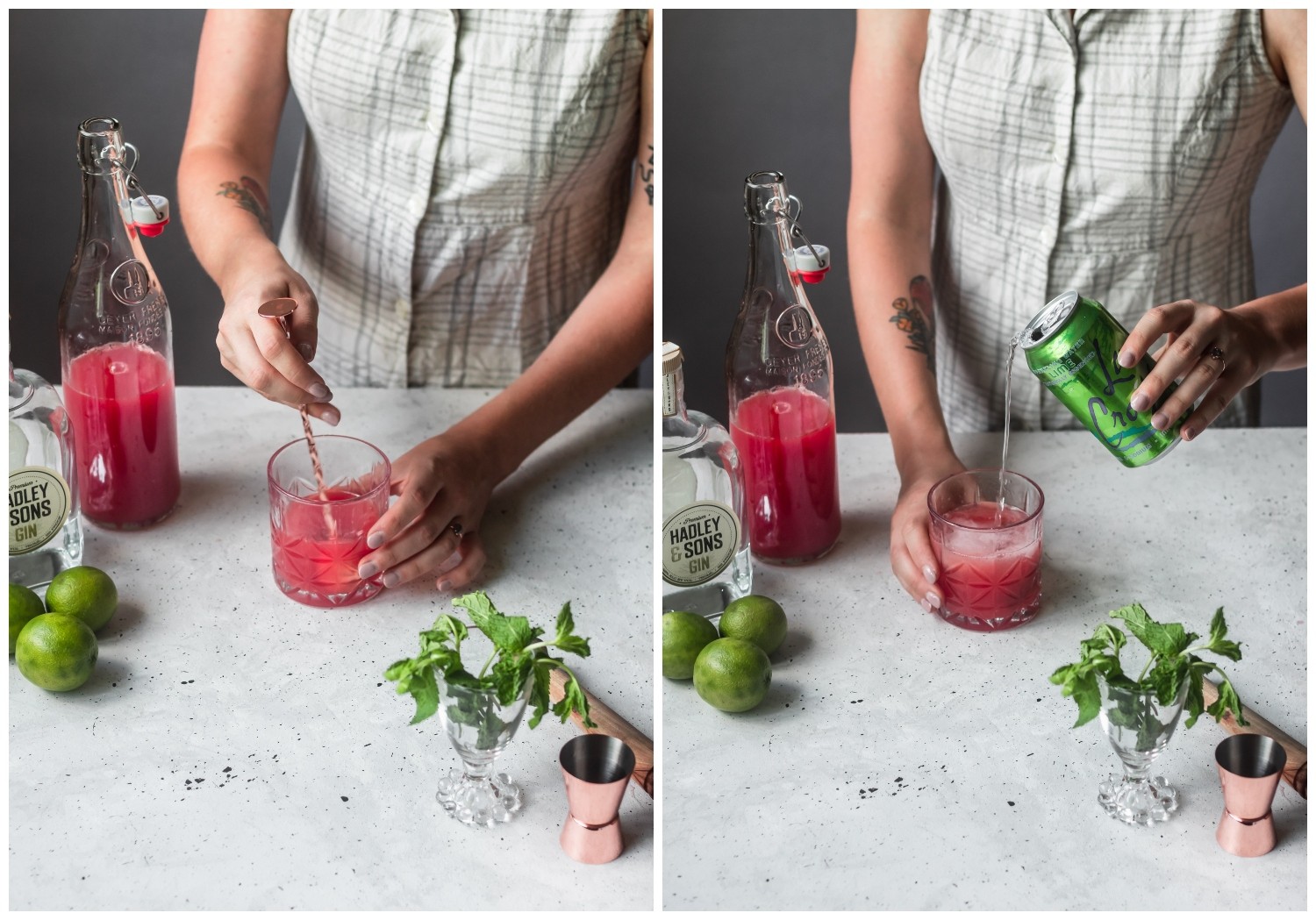 Two photos of a woman making a watermelon gin fizz. On the left, the woman is stirring a drink in a clear cocktail glass. On the right, the woman is pouring seltzer water into the glass.