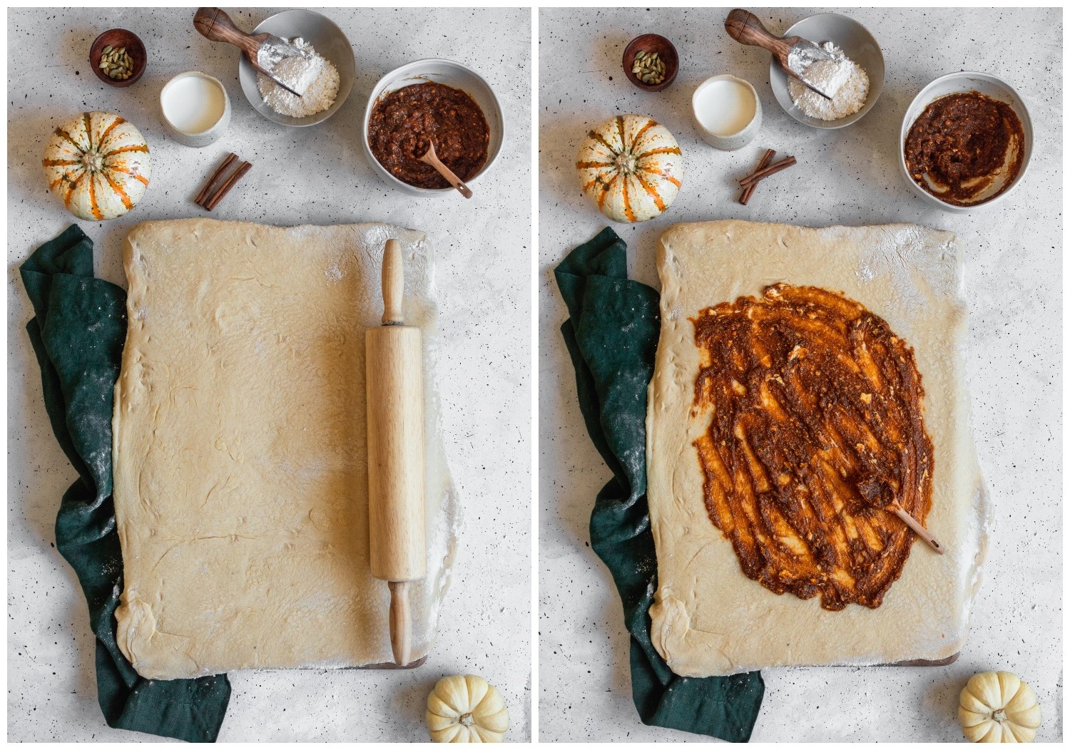 Two overhead photos of dough next to an emerald towel on a grey table. On the left photo, the dough is being rolled, surrounded by ingredients. On the right, pumpkin filling is being spread on the rectangle of dough.