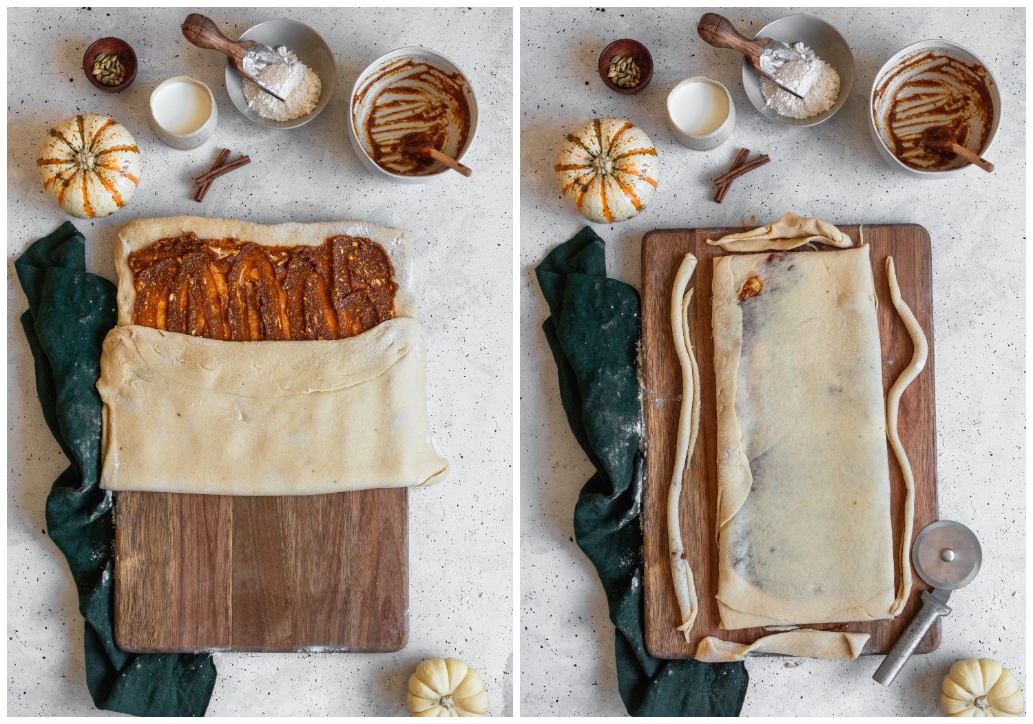 Two photos of sweet roll dough on a grey counter. On the left, the dough is being folded. On the right, the folded dough is being trimmed of its edges.