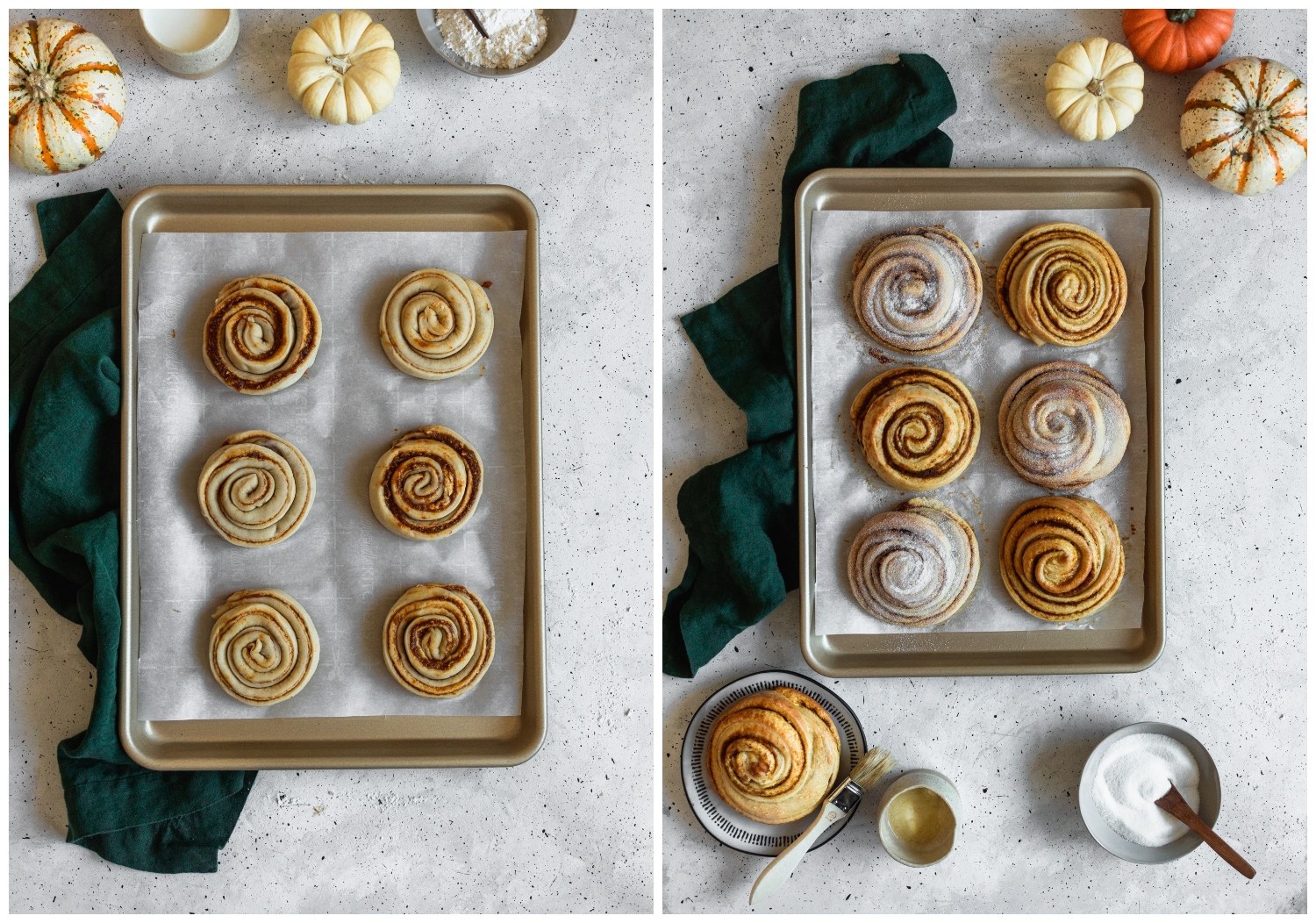 Two photos of pumpkin morning buns on gold baking sheets on a grey table. On the left, the raw rolls are surrounded by pumpkins and a linen. On the right, the baked rolls are being brushed with butter and sprinkled with sugar.