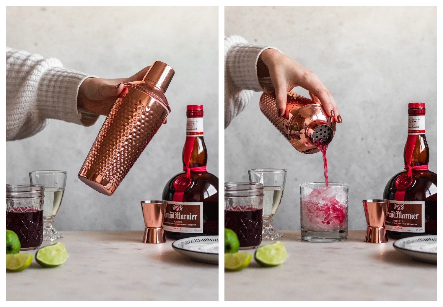 Two images; on the right, a woman's hand is shaking a copper cocktail shaker with a grey background. On the right, the hand is pouring a red cocktail into a rocks glass.