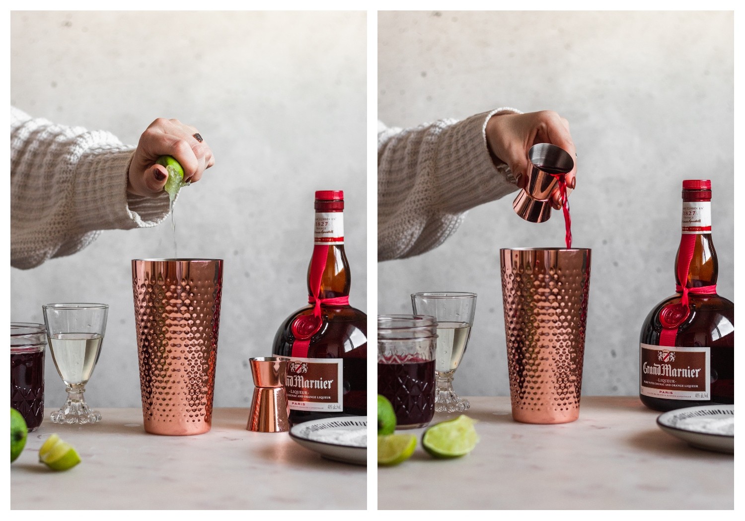 Two images; on the left, a woman's hand is squeezing a lime into a copper cocktail shaker. On the right, the woman is pouring a shot of cranberry juice into the cocktail shaker.