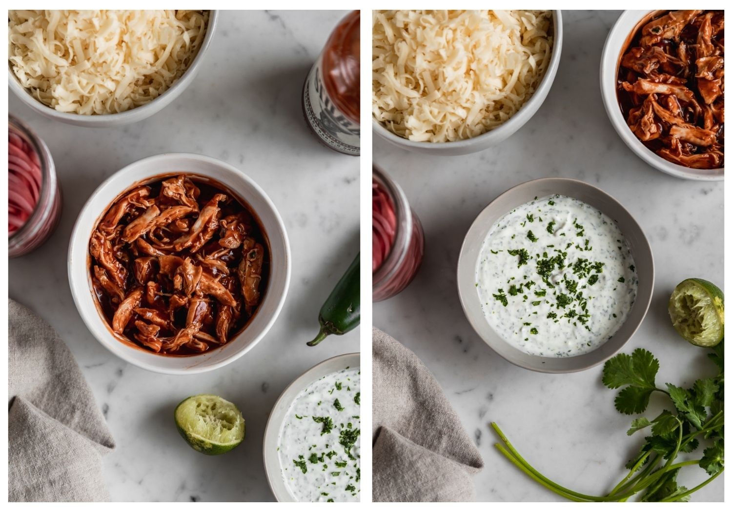 Two overhead images; on the left, a bowl of shredded BBQ chicken on a marble counter surrounded by nacho ingredients, and on the right, a bowl of crema surrounded by ingredients.