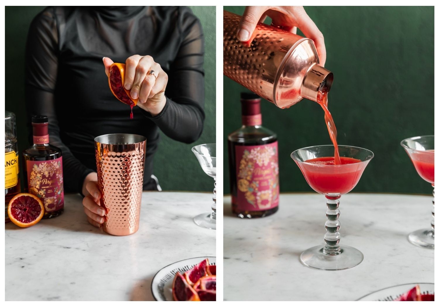Two images; on the left, a woman wearing black is squeezing half of a blood orange into a copper cocktail shaker on a marble table surrounded by two bottles of alcohol and a coupe glass. On the right, the woman's hand is pouring the cocktail into a coupe glass.