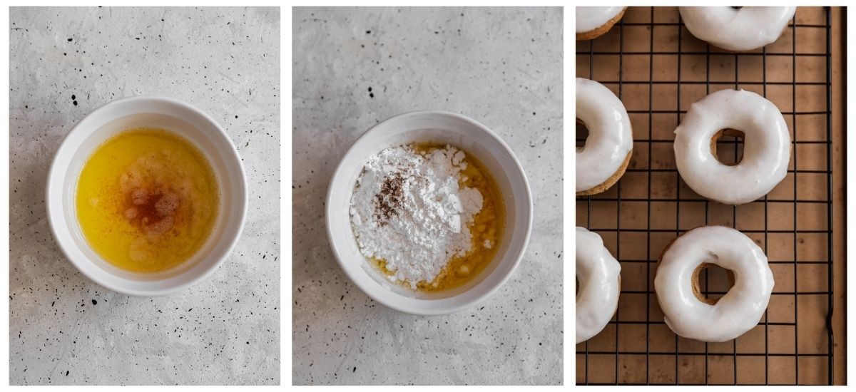 Three images of glaze. On the left photo, a white bowl of brown butter on a grey table. In the middle photo, the butter is combined with powdered sugar. On the right photo, glazed donuts placed on a cooling rack.