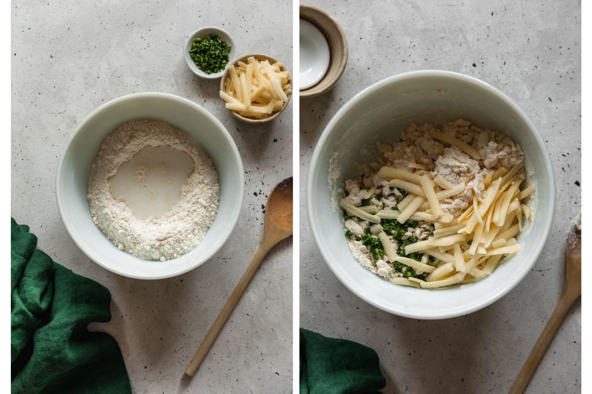 Two bird's eye images; on the left, a white bowl filled with flour and milk on a grey table. On the right, the white bowl is filled with biscuit dough, white cheddar, and chives.