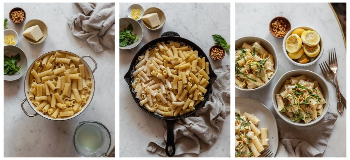 Three overhead images; on the left, a strainer with pasta on a marble counter next to sauce ingredients. In the middle, a black pan filled with pasta covered in cream sauce. On the right, bowls of pasta with pine nuts and basil next to a bowl of lemons and a wooden bowl of pine nuts.