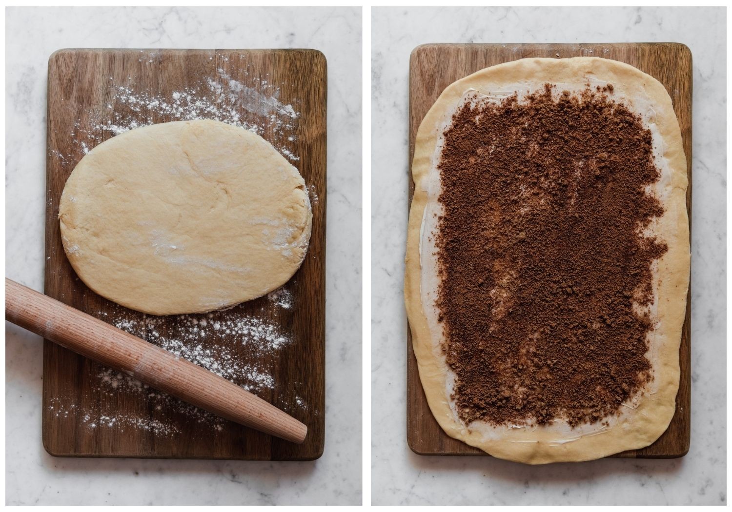 Two overhead images; on the left, a wood cutting board topped with a round of dough and a rolling pin. On the right, the dough is rolled out and sprinkled with cinnamon-sugar.