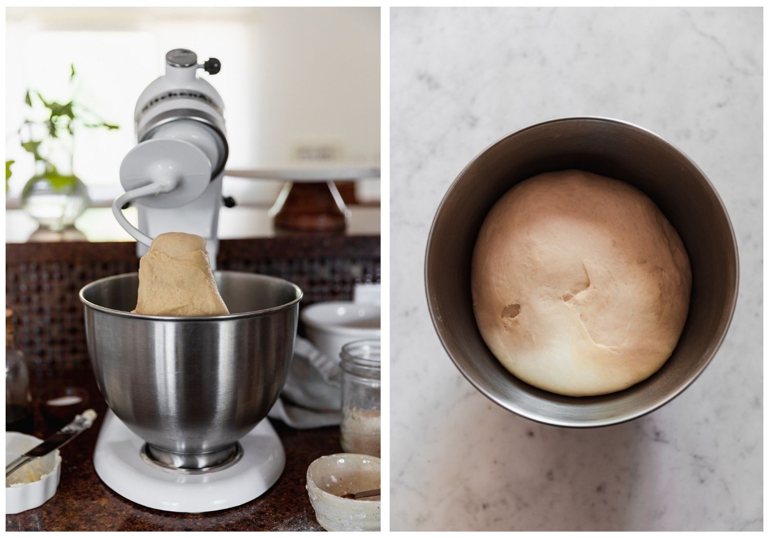 Two images; on the left, a white stand mixer on a brown counter with dough hanging off the hook and baking ingredients surrounding the mixer. On the right, an overhead dough of risen dough in a silver bowl on a white marble counter.
