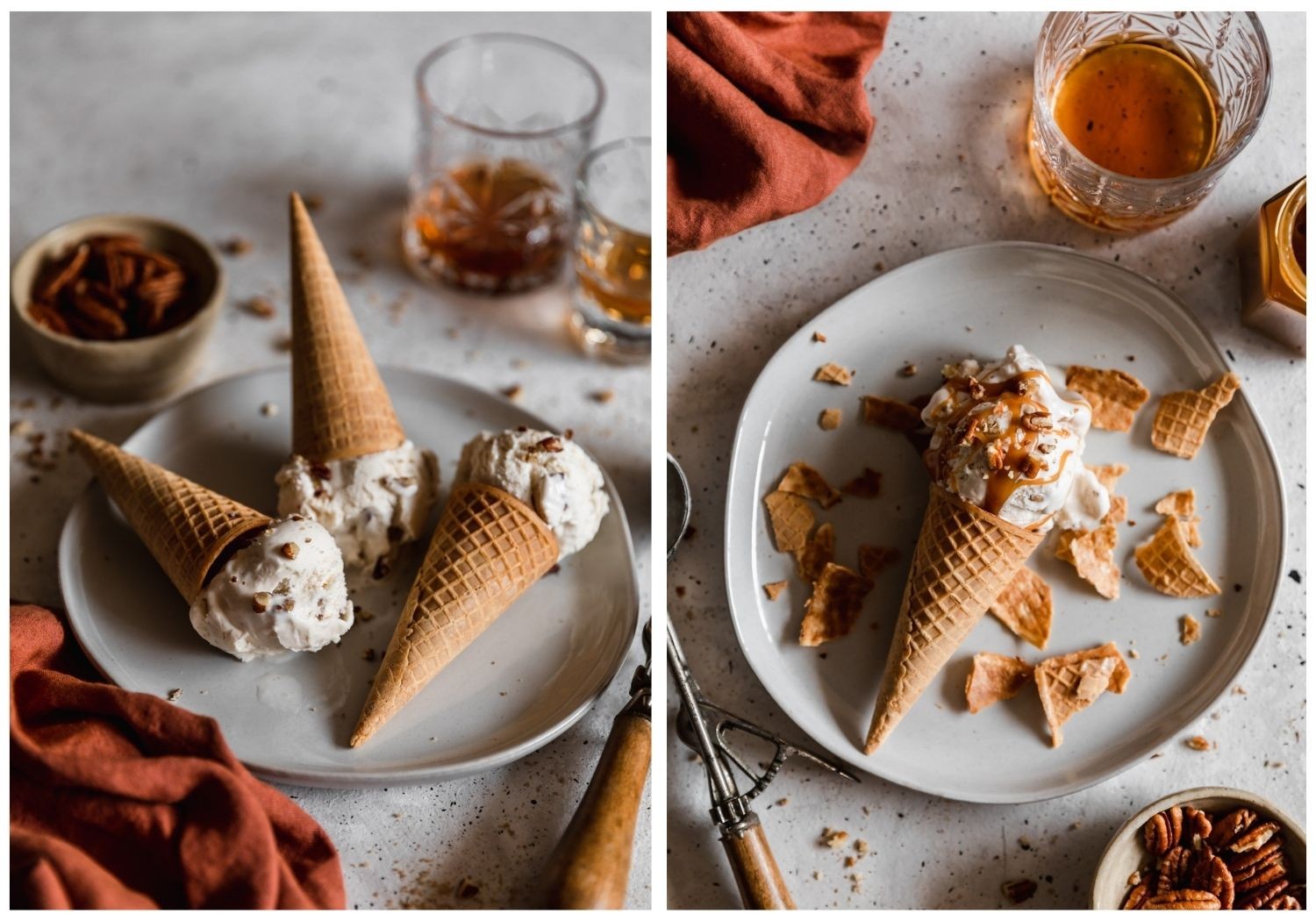 Two images; on the left, a side image of three ice cream cones with bourbon butter pecan ice cream on a white plate with two glasses of bourbon and a cream bowl of pecans in the background. The plate is partially placed on a burnt orange linen in the bottom left corner with a white background. On the right, an overhead of an ice cream cone topped with caramel and pecans on a white plate on a white counter. Next to the plate is an orange linen, glass of bourbon, jar of caramel, and vintage ice cream scoop.