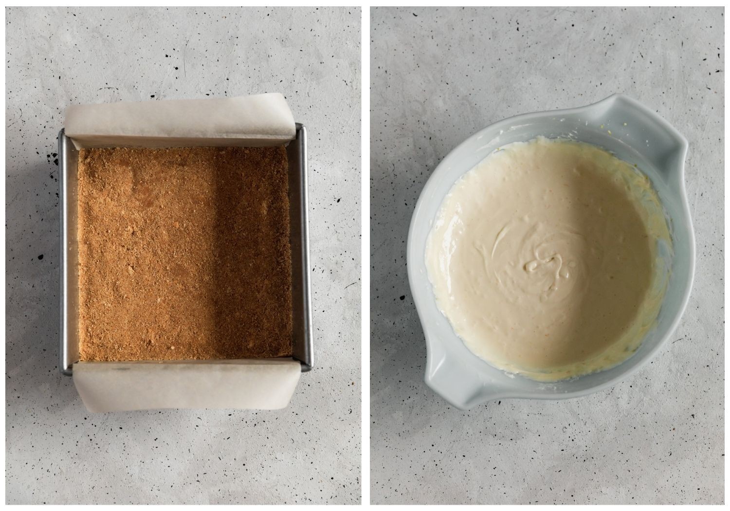 Two overhead images; on the left, a square metal pan with graham cracker curst on a grey table. On the right, a white bowl with white cheesecake filling.