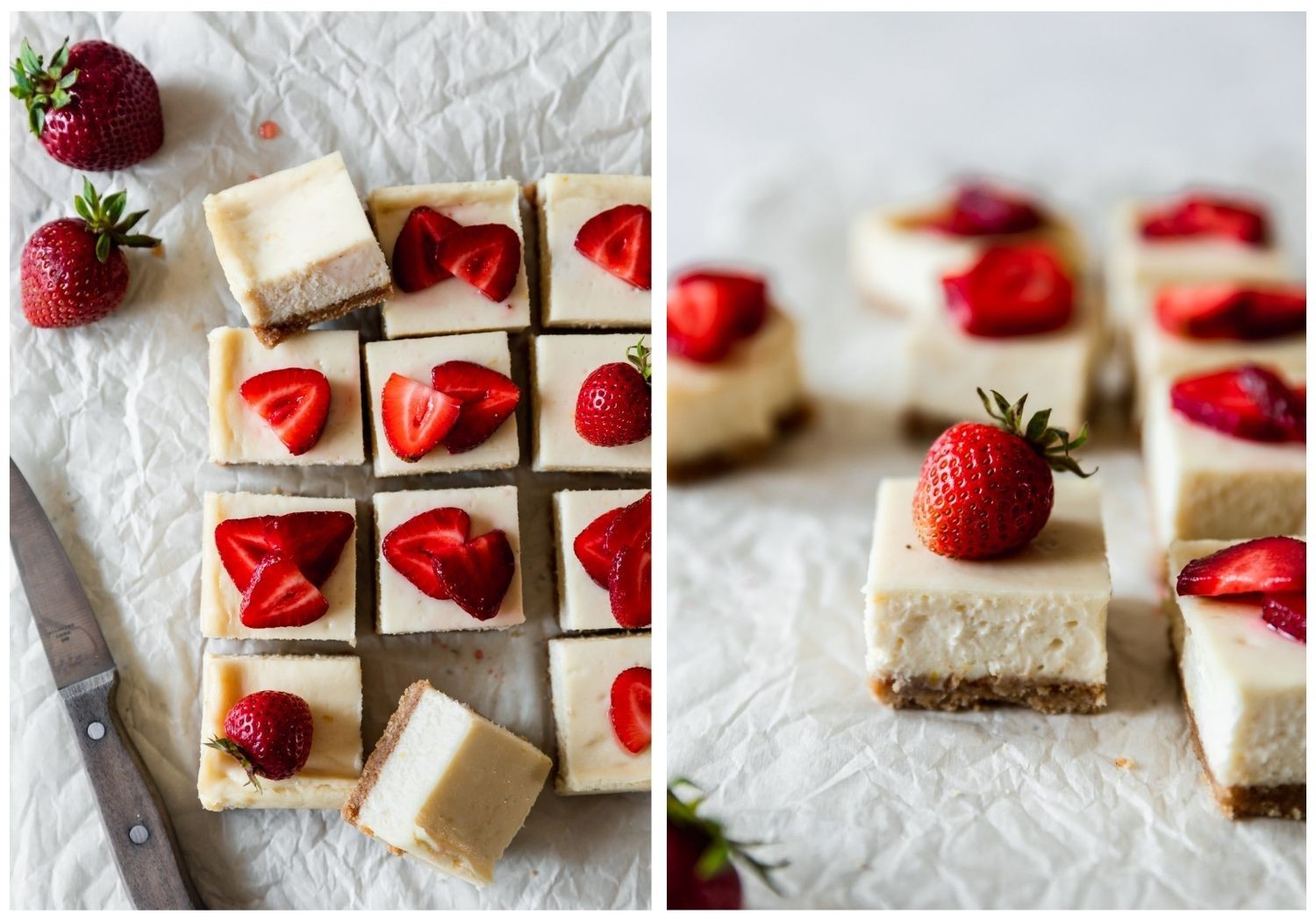 Two images; on the left, an overhead picture of rows of cheesecake bars topped with strawberries on white parchment paper next to a wooden knife. On the right, a side image of a bar with a whole strawberry on top next to rows of bars on a white background.