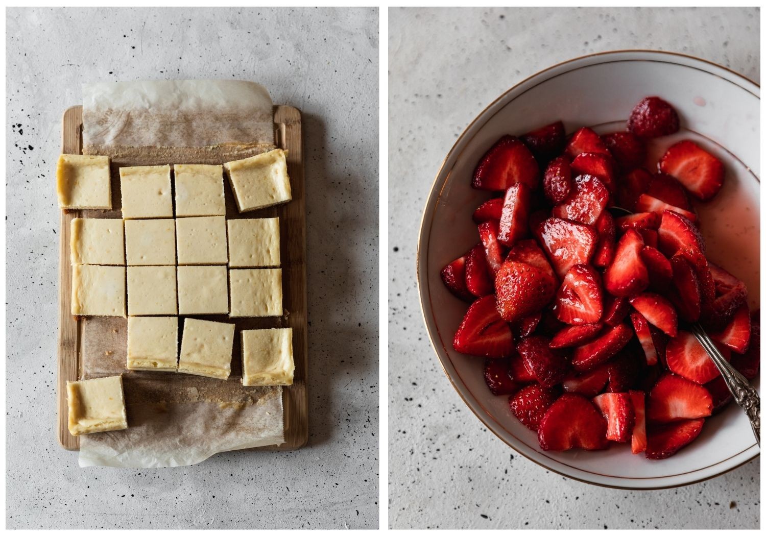 Two overhead images; on the left, a wood board topped with 16 cheesecake bars on a grey table. On the right a closeup of a white bowl of strawberries.