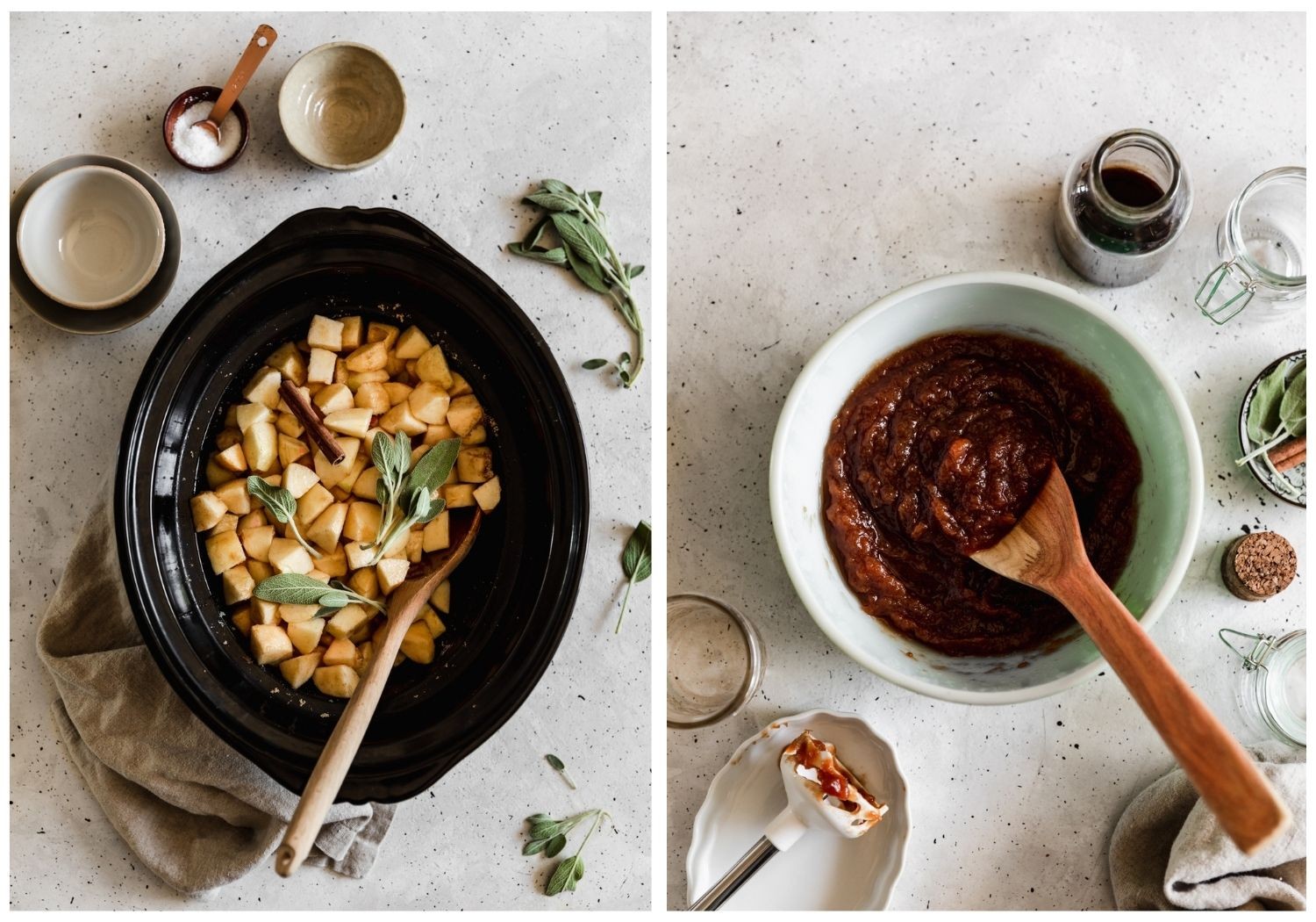 Two overhead images; on the left, a black slow cooker with diced apples and sage on a grey counter next to empty white bowls. On the right, a white bowl of jam with a wood spoon sticking out of it next to a beige linen, jars, and a bottle of vanilla extract.