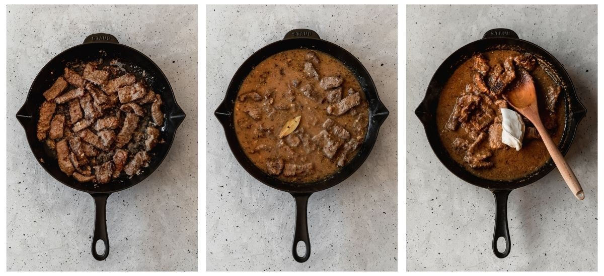 Three overhead images of a black cast iron pan on a grey counter. On the left, the pan is filled with seared steak. In the middle, the pan has steak and gravy. In the photo on the right, there is a dollop of sour cream and a wood spoon in the pan.