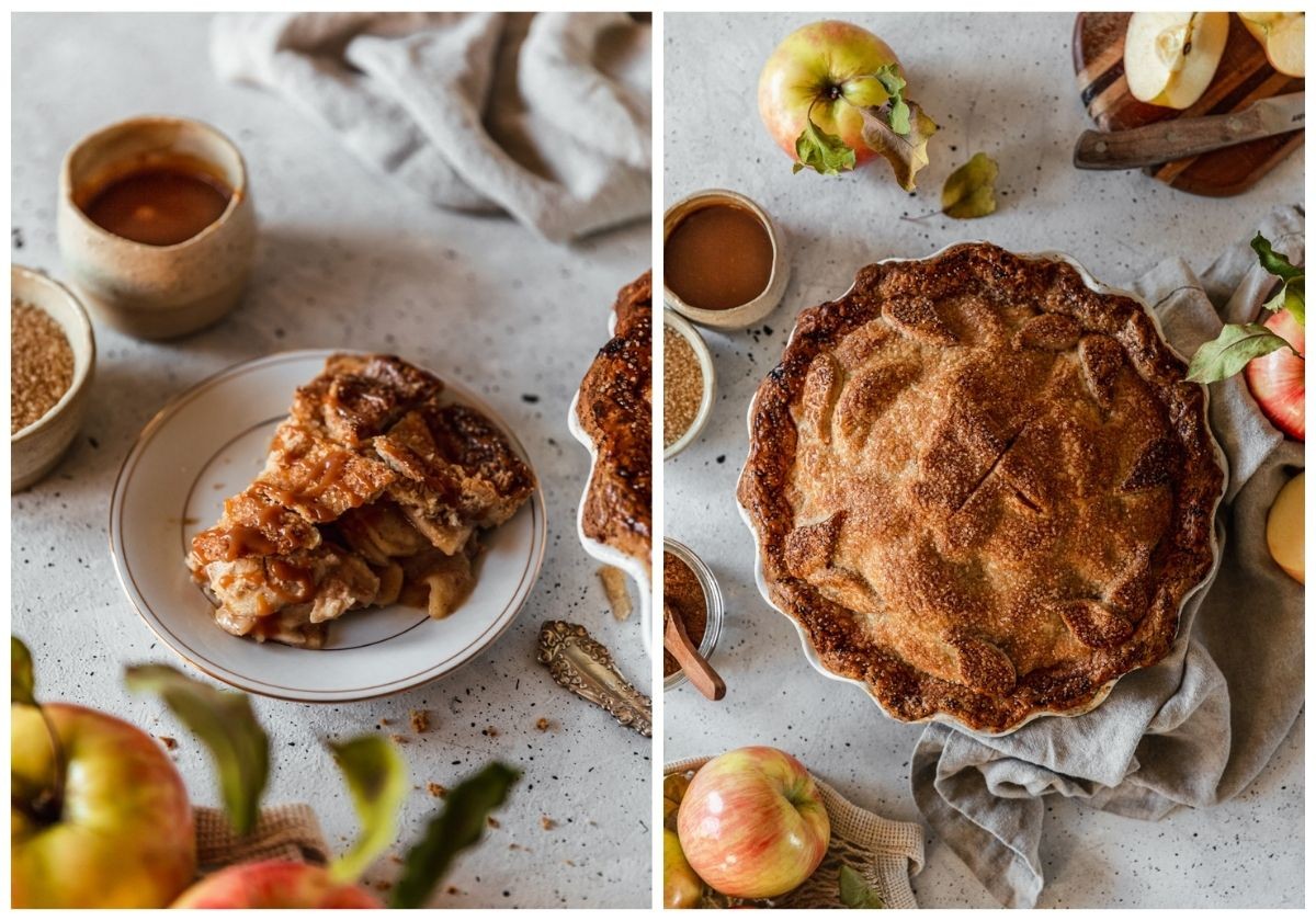 Two images; on the left, a white plate with a slice of apple pie drizzled with caramel on a grey table with apples in the forefront. Next to the plate is a white bowl of sugar, a white bowl of caramel, and a beige linen. On the right, a closeup overhead image of a caramel apple pie on a beige linen next to apples, a bowl of caramel, and a wood cutting board.