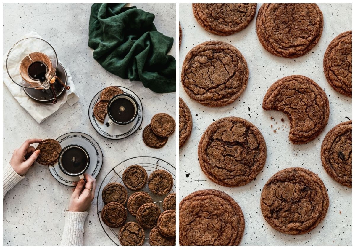 Two overhead images; on the left a woman's hands are grabbing a white cup of coffee and a cookie on a white and black plate placed on a speckled gray table next to another cup of coffee, Chemex, tray of coffee cookies, and dark green linen. On the right, rows of cookies with one cookie that has a bite taken out of it.