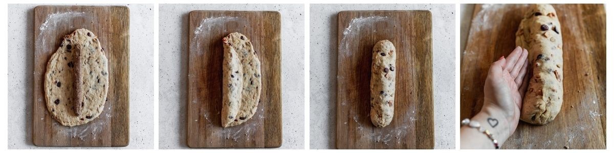 Four overhead images; on the left, a wood board with a dough oval topped with a log of marzipan. In the center left, the left side of the dough is folded over the marzipan. In the center right, the dough is folded into a loaf. On the right, a woman's hand is forming a divot into the dough with the side of her hand.