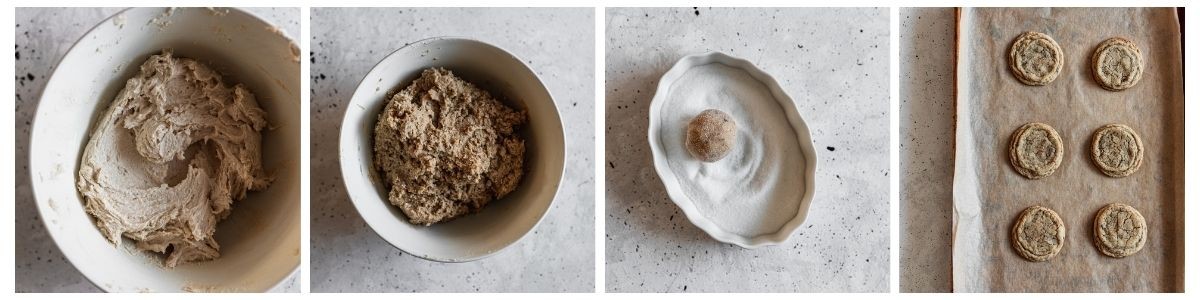 Four overhead images; on the left, a white bowl with whipped butter and sugar on a white counter. In the middle left, a white bowl of cookie dough. In the middle right, a ball of cookie dough being rolled in sugar in a white bowl. On the right, a sheet pan topped with cookies.