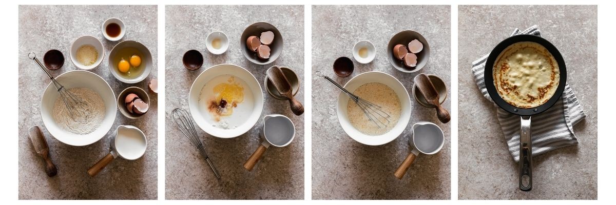 Four overhead images; on the left, a white bowl of dry ingredients surrounded by various white and grey bowls with more baking ingredients on a tan counter.. In the middle left, the white bowl has milk, eggs, and vanilla. In the middle right, the bowl is filled with batter. On the far right, a black pan has a flapjack in the center.