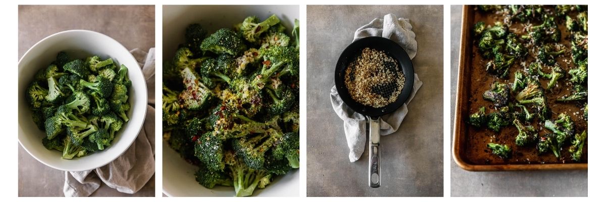 Four images; on the left, a white bowl of broccoli florets on a brown table. In the middle left, the broccoli is covered in seasonings. In the middle right, a black pan of breadcrumbs on the brown counter. On the right, a closeup of charred broccoli on a gold sheet pan.
