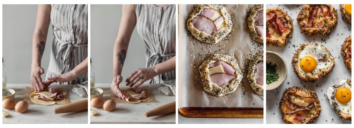 Four images; on the left and middle left, a woman wearing a grey and white striped dress is folding a galette with ham and cheese in the center. On the middle right, an overhead image of raw galettes on a sheet pan. On the right, the galettes are cooked and placed on a marble table next to a white bowl of chives.