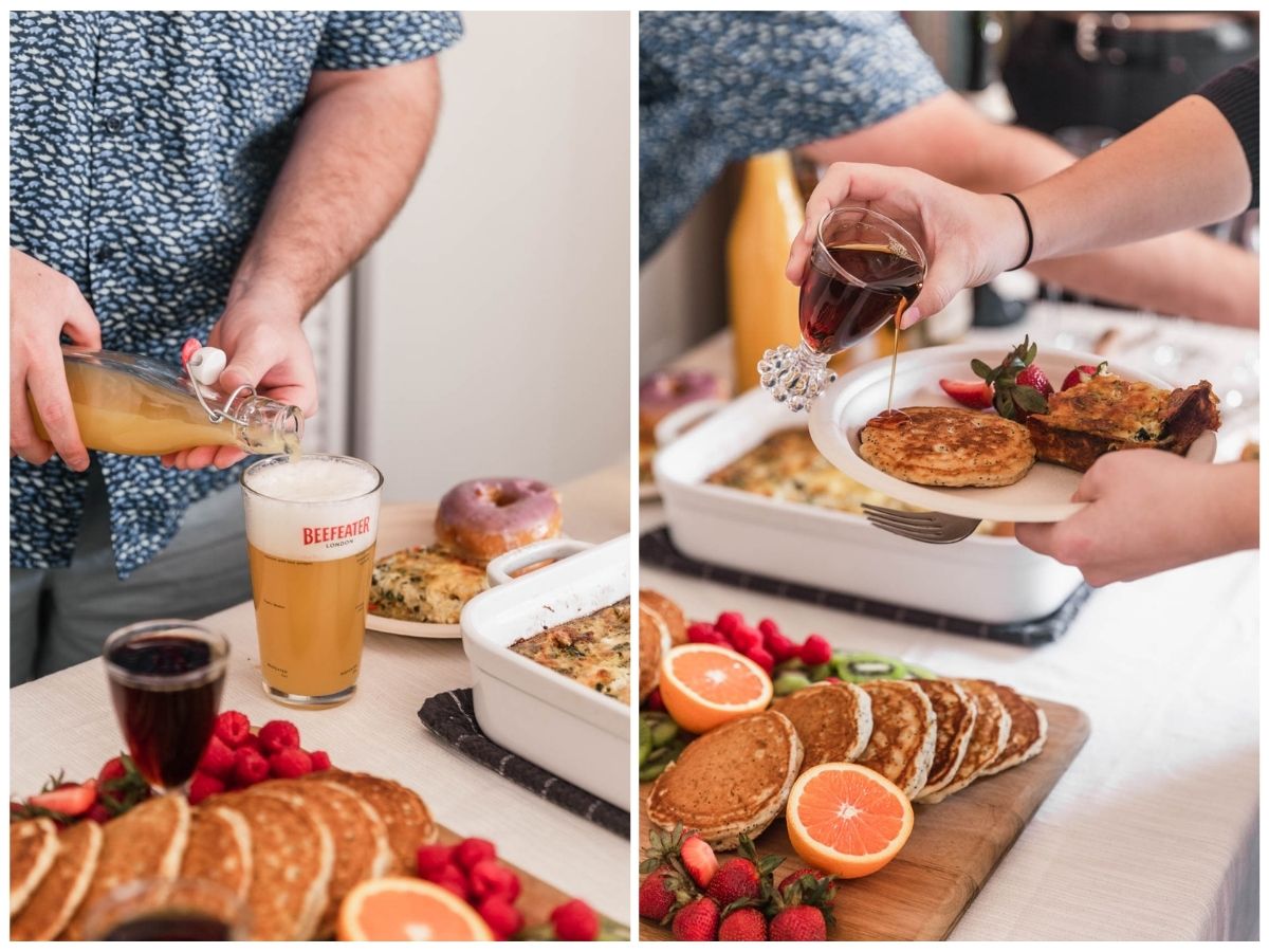 Two images; on the left, a man in a blue shirt pouring juice into a glass of beer. On the right, a woman pouring syrup over a plate of pancakes with a pancake board in the background.