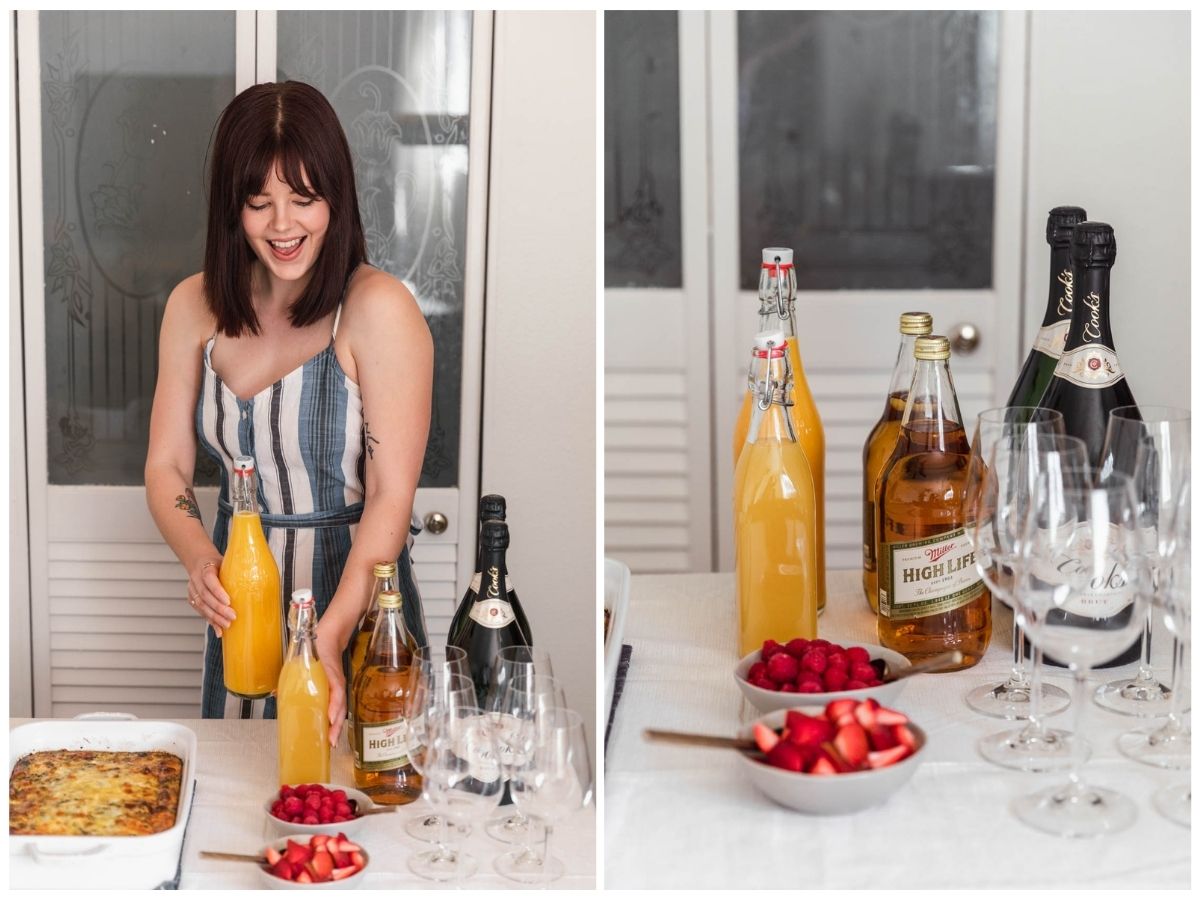 Two images; on the left, a woman wearing a blue and white striped dress is placing orange juice bottles on a white table at a brunch party. On the right, rows of champagne, beer, and juice on a white tablecloth.